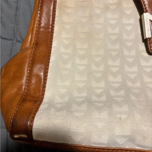 MICHAEL KORS Handbag Purse Large White Canvas Brown Leather Tote Bag - Picture 4 of 10
